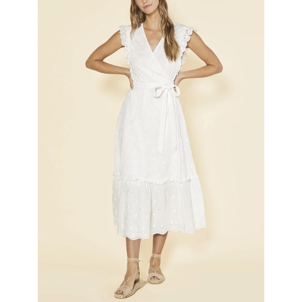 Outerknown Eyelet Kahlo Wrap Dress XS/S White Maxi Ruffle Cottage Feminine Airy